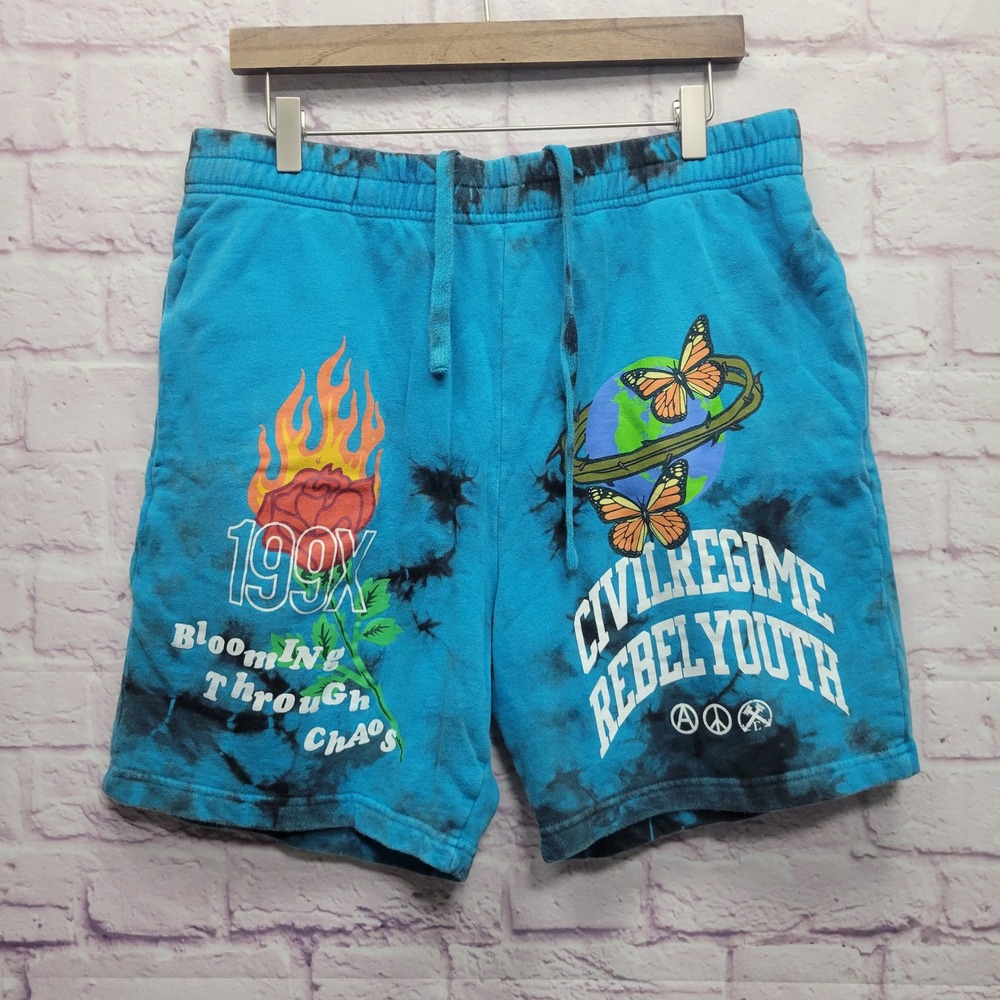 Civil Regime Rebel Youth Fleece Sweat Short Mens L Y2k Tie Dye Grunge Streetwear
